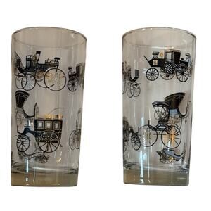 VTG Black Gold Buggy Cars Horseless Carriage Carriage Barware Tumblers (2) AACA